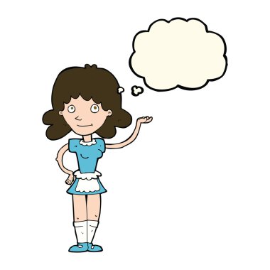 Düşünce kabarcığı olan çizgi film kızı.