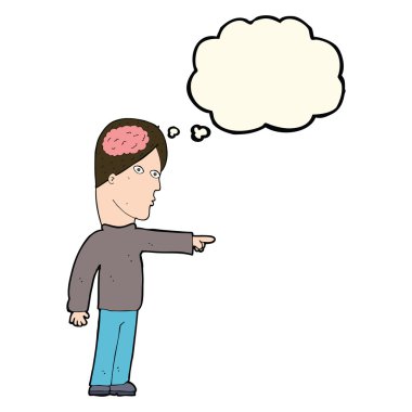 Düşünce baloncuğuyla işaret eden zeki adam.