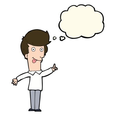 Düşünce baloncuğu olan komik bir adam.