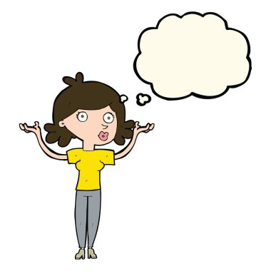 Çizgi filmdeki kadın düşünce balonuyla kollarını havaya kaldırıyor.