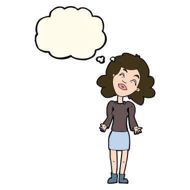 Çizgi filmdeki kadın düşünce balonuyla omuz silkiyor.