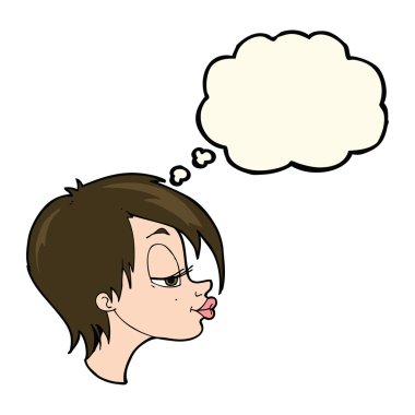 Düşünce baloncuğu olan güzel bir kadın.