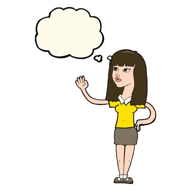 Düşünce baloncuğuyla el sallayan güzel kadın.