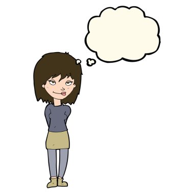 Düşünce baloncuğu olan mutlu çizgi film kadını