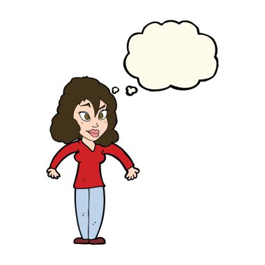 Çizgi filmdeki kadın düşünce balonuyla omuz silkiyor.