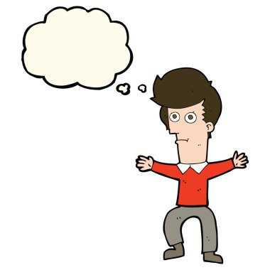 Düşünce baloncuğu olan ürkmüş bir adam.