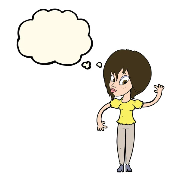 Mujer de dibujos animados ondeando con burbuja de pensamiento — Vector de stock