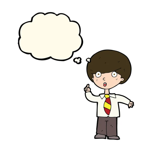 Karikatura školní chlapec odpovědi na otázku s myšlenkovou bublinou — Stockový vektor