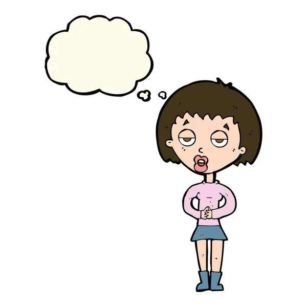 Cartoon verveelde vrouw wachten met gedachte zeepbel — Stockvector