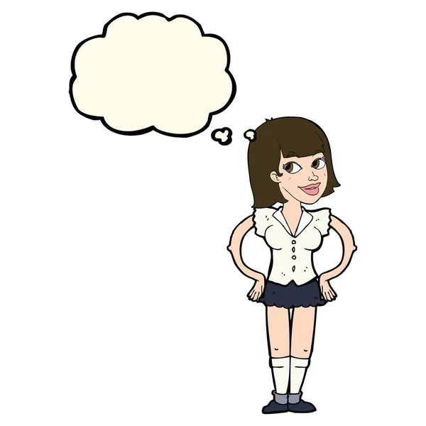Femme dessin animé avec les mains sur les hanches avec bulle de pensée — Image vectorielle