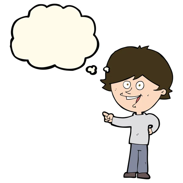 Dessin animé garçon rire et pointant avec bulle de pensée — Image vectorielle