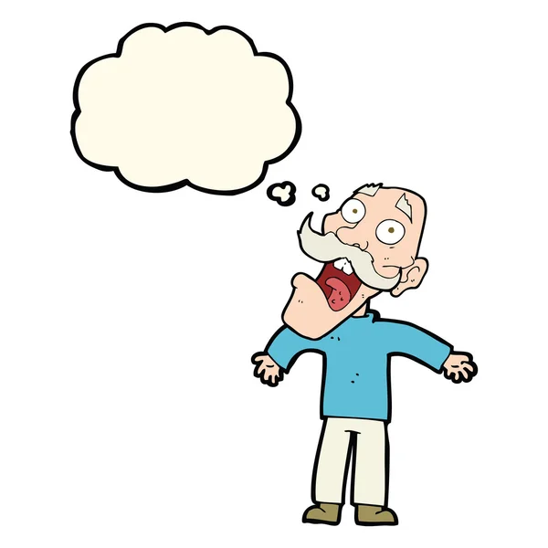 Cartoon terrified old man with thought bubble — Stock Vector