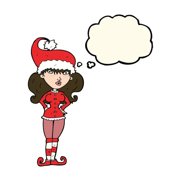 Dessin animé aidante du Père Noël femme avec bulle de pensée — Image vectorielle
