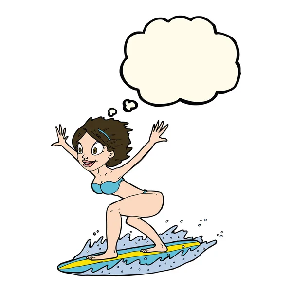 Cartoon surfer girl with thought bubble — Stock Vector