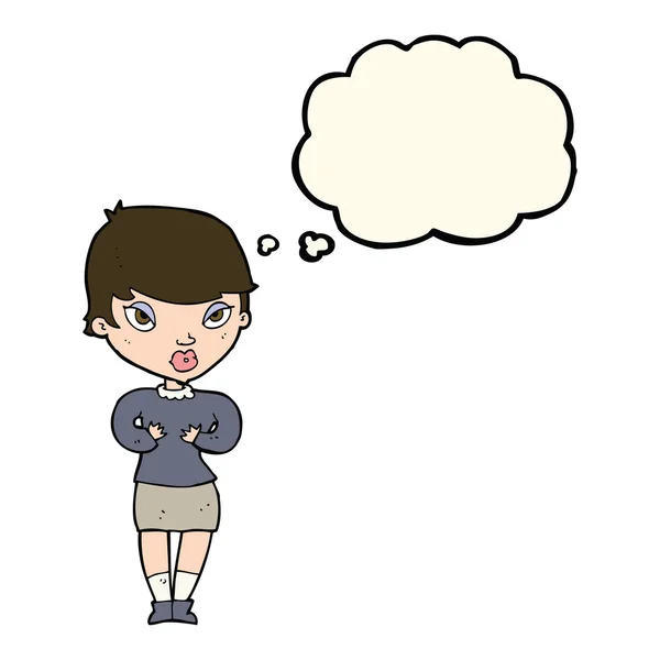 Cartoon woman gesturing at self with thought bubble — Stock Vector