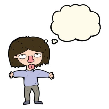 Çizgi film kızı düşünce baloncuğuyla yukarı bakıyor