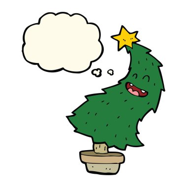 Düşünce baloncuğuyla Noel ağacı dansı yapan çizgi film.