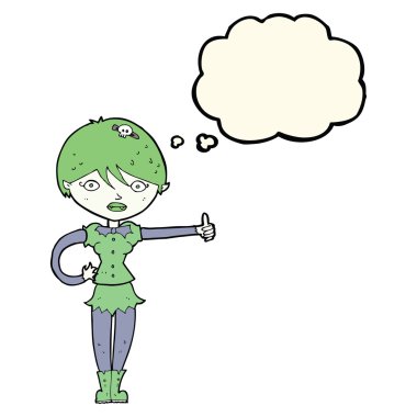 Çizgi filmdeki vampir kız, düşünce baloncuklu başparmak işareti veriyor.