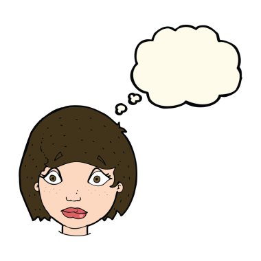 Düşünce kabarcığı olan endişeli kadın yüzü