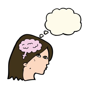 Düşünce baloncuklu beyin sembollü çizgi kadın kafası