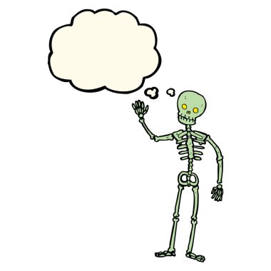 Düşünce baloncuğu ile iskeleti sallayan çizgi film