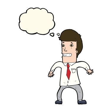 Düşünce baloncuğu olan sinirli iş adamı.