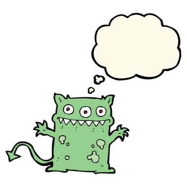 Düşünce baloncuklu küçük canavar.