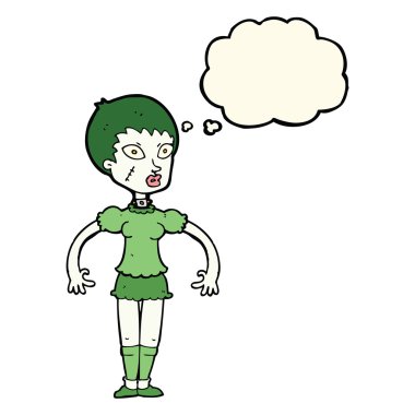 Düşünce baloncuklu zombi kadın.