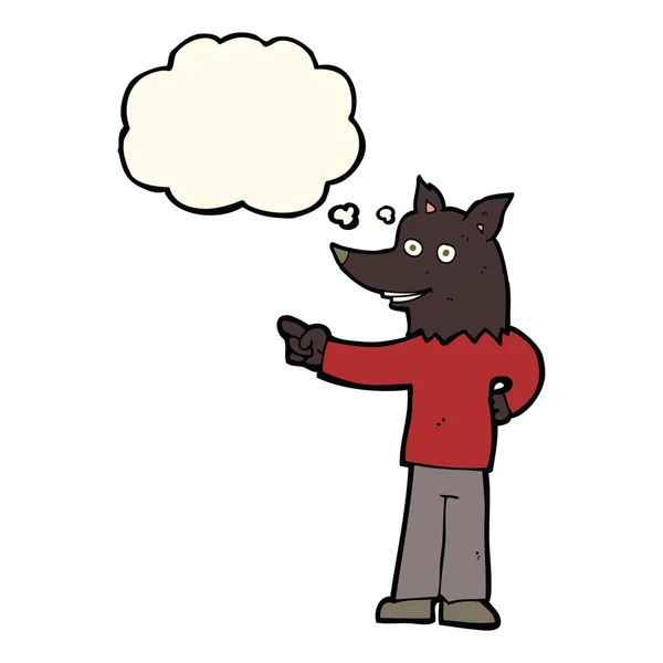 Cartoon Wolf Mann zeigt mit Gedankenblase — Stockvektor