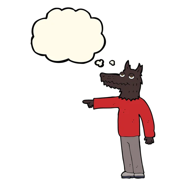 Κινουμένων σχεδίων λύκος άνθρωπος δείχνει με φούσκα σκέψης — Διανυσματικό Αρχείο