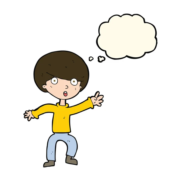 Cartoon panicking boy with thought bubble — Stock Vector