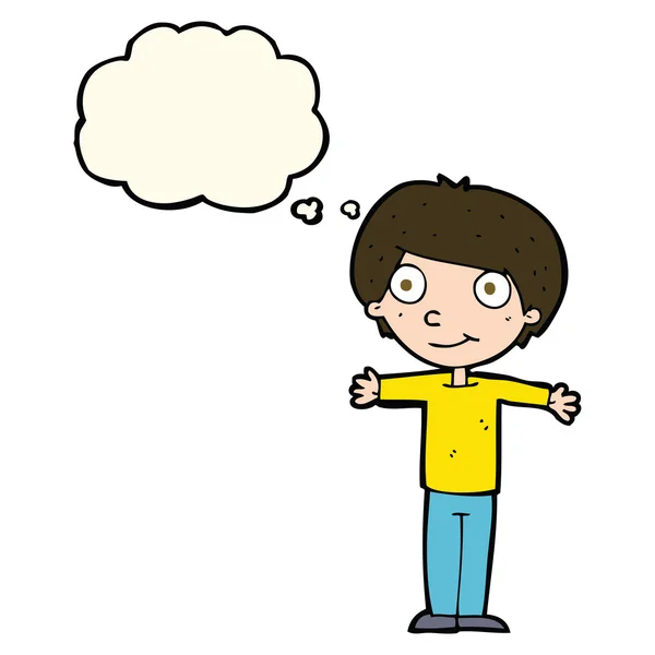 Cartoon gelukkig jongen met open armen met gedachte zeepbel — Stockvector