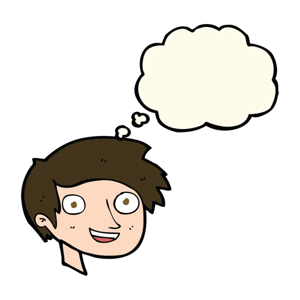 Cartoon gelukkig jongen gezicht met gedachte zeepbel — Stockvector