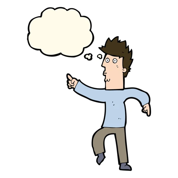Karikatur besorgter Mann zeigt mit Gedankenblase — Stockvektor