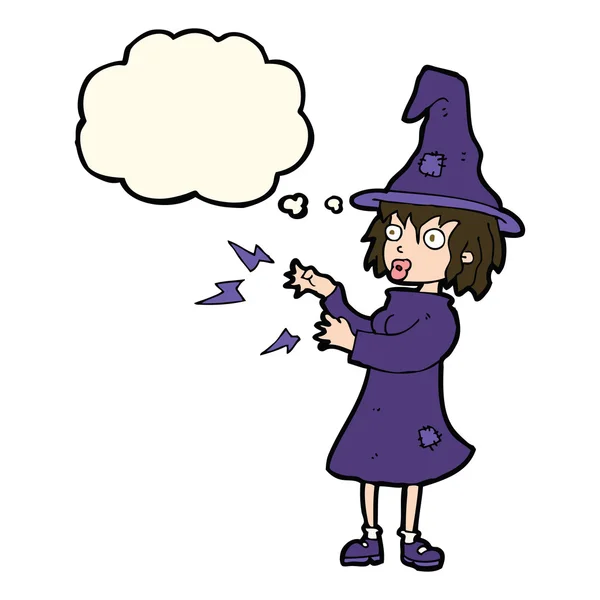 Cartoon witch casting spell with thought bubble — Stock Vector