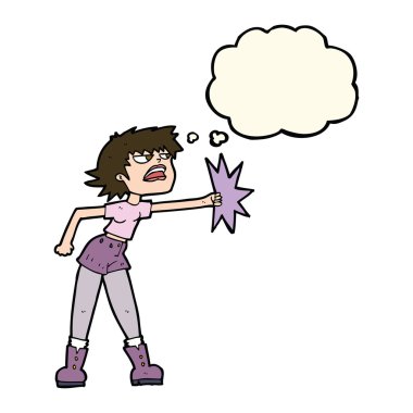 Düşünce baloncuğuyla yumruk atan çizgi film kadını.