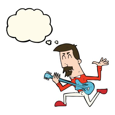 Düşünce baloncuğuyla elektro gitar çalan çizgi film adamı.