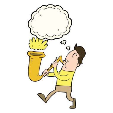 Düşünce baloncuğuyla saksafon çalan çizgi film adamı.