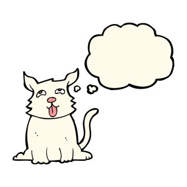 Düşünce baloncuklu mutlu bir köpek.