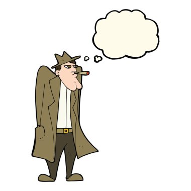 Düşünce kabarcığı olan şapkalı ve trençkotlu bir adam.