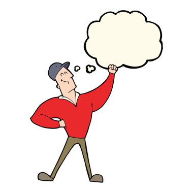 Düşünce baloncuğuyla kahramanca poz veren çizgi film adamı.