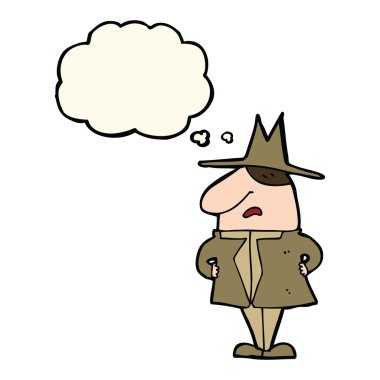 Düşünce baloncuklu palto ve şapka giyen adam.