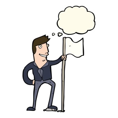 Düşünce baloncuğu ile bayrak diken çizgi film adamı