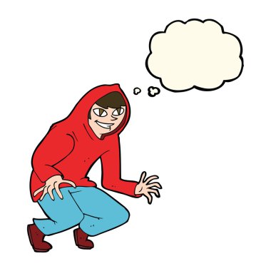 Düşünce baloncuklu kapüşonlu yaramaz çocuk.