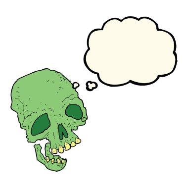 Düşünce baloncuklu antik ürkütücü kafatası çizgi filmi