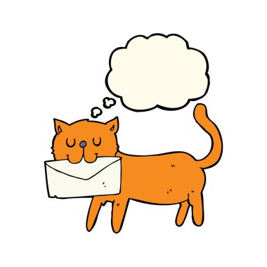 Düşünce baloncuklu mektup taşıyan çizgi film kedisi.