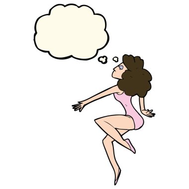 Düşünce baloncuğu olan dans eden kadın.
