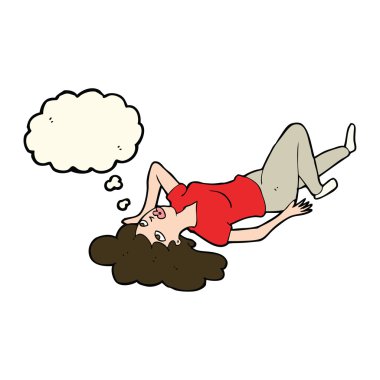 Çizgi filmdeki kadın düşünce baloncuğuyla yerde yatıyor.