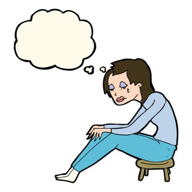 Düşünce baloncuğu olan ağlayan kadın.
