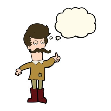 Düşünce baloncuğu olan fakir giysili yaşlı bir adam.